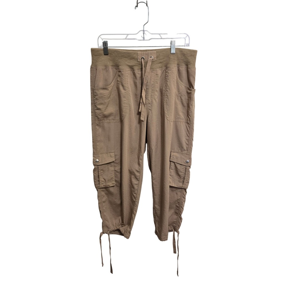 Mofiz Women XL Khaki Tan Cargo Capri Pants Elastic Waist Drawstring Crop Trouser